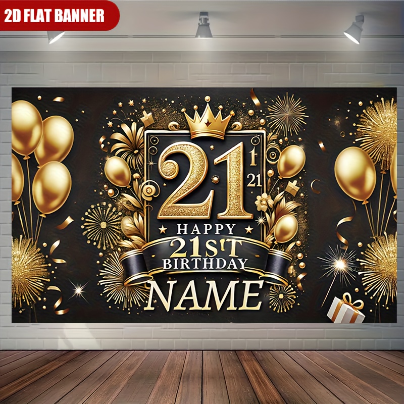 TEMU 2d Flat, Custom 2d Flat Banner - 1pc Personalized Happy Birthday 21st Birthday Name Banner With And Gorgeous Black And Fireworks Backdrop,