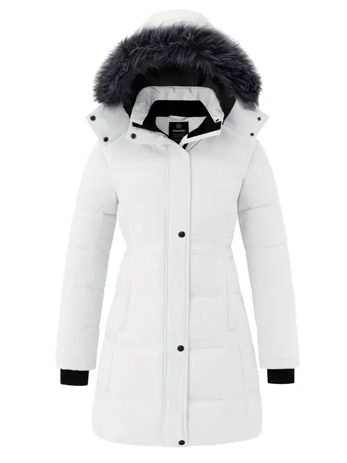 womens winter quilted puffer jacket solid casual mature outdoor travel hiking warm padded parka thick multiple pockets windproof cold durable thermal water resistant coats removable fur hat two way zipper adult outerwear