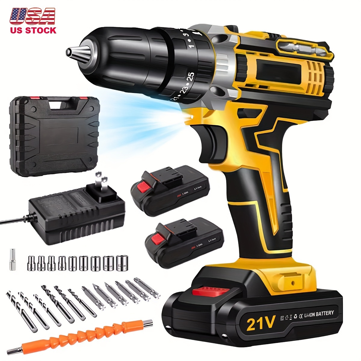 

21v Cordless Drill Set, Power Drill With 3/8 Inch , 3 Clutch Electric Drill With , 55nm, 2- & 2 Batteries And Fast Charger, Rechargeable Lithium Battery, Includes Accessories, Ideal Diy Tool Kit