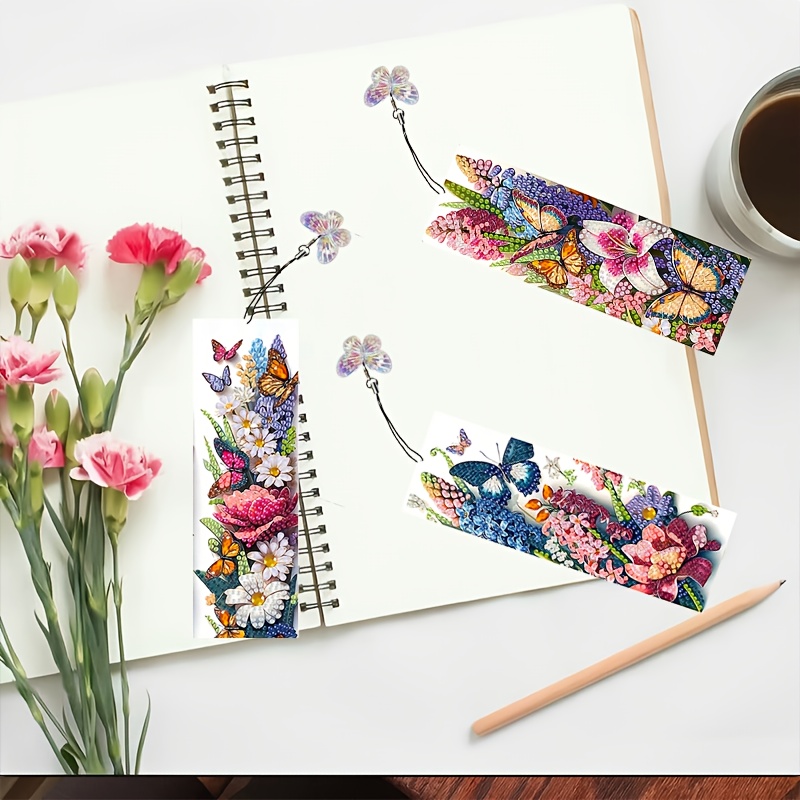 TEMU 4pcs Floral Themed 5d Diamond Painting Bookmark Set With Pendant, Diy Craft Set With Special Shaped Acrylic Diamonds, Suitable For Book Lovers