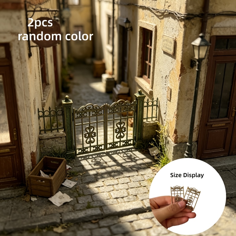 TEMU 2pcs Dollhouse Miniature Bronze Hollow-out Alloy Fence Gate Model, Vintage Miniature Courtyard Outdoor Scene Landscaping Accessory, Color Random