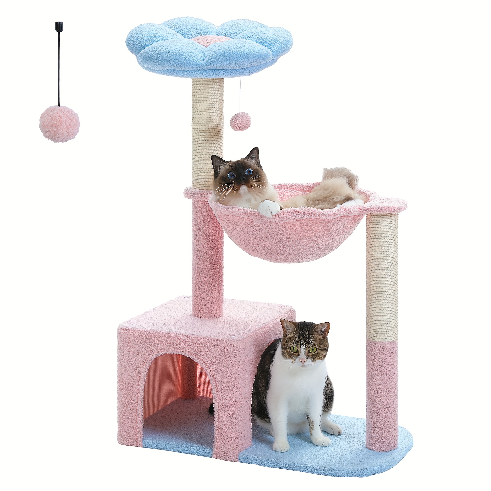 Image of Road Flower Cat Tree With Large Metal Frame, Hammock, 93 Cm, Cute Cat Tower With Sisal Scratching Posts For Small Indoor Cats, Cat House With Pink Perch For Kittens