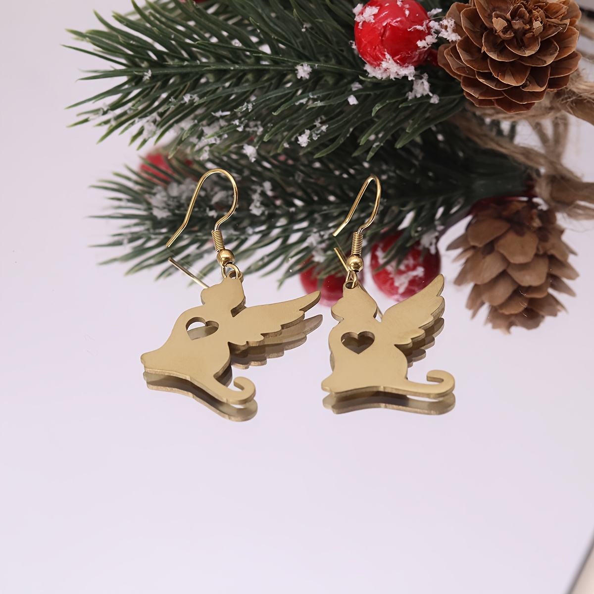 Women's Cute Angel Cat Hollow Heart Drop Earrings