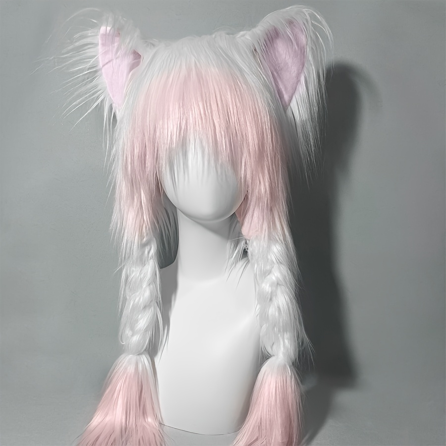 

1pc Y2k Aesthetic Anime-inspired Cute Cat Ear Plush Hat With Braids, Winter Fluffy Ear Protection Cap, Cosplay Accessory For Halloween, Christmas, - No Battery, Electricity-free, Featherless