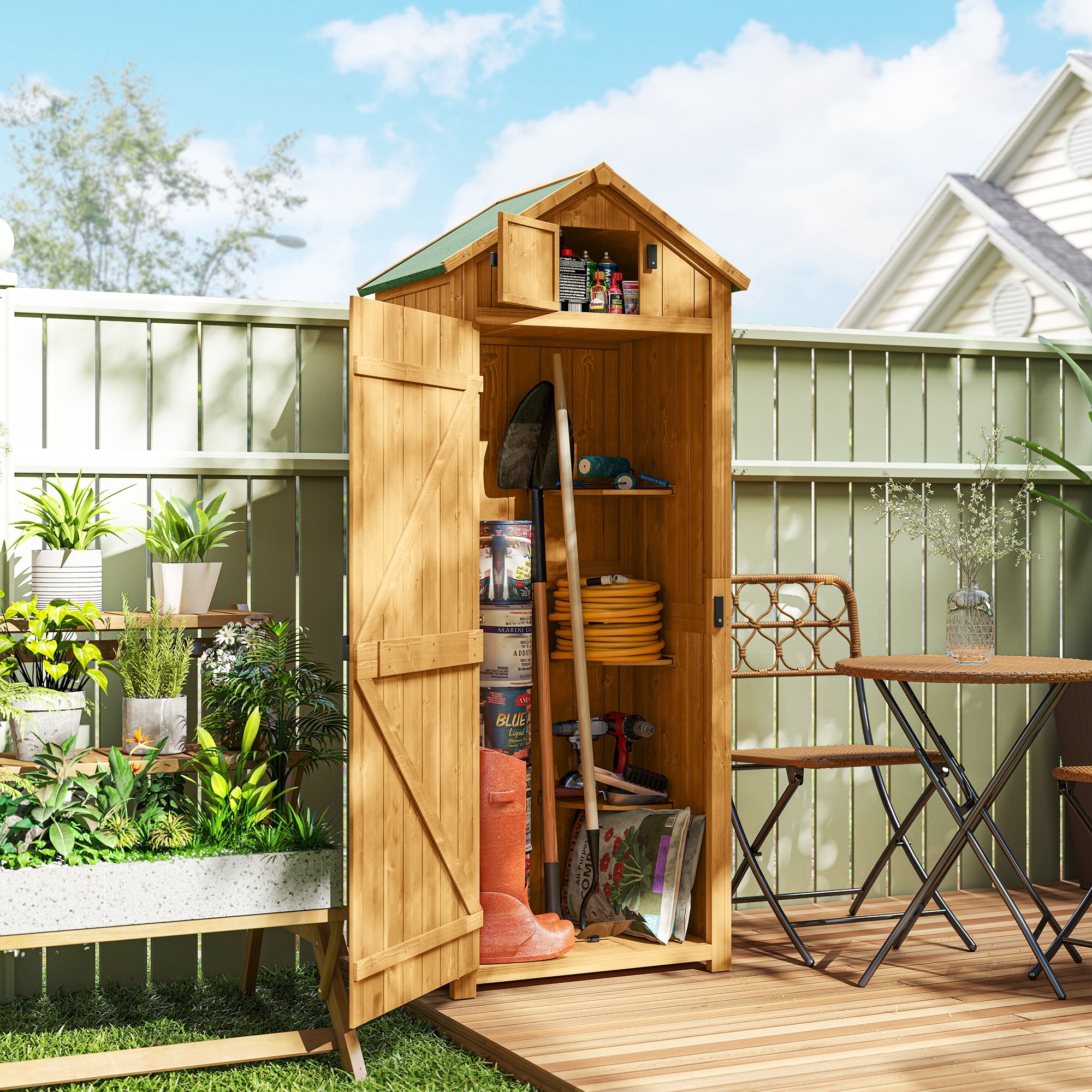 TEMU Outsunny Wooden Garden Storage Shed Tool Storage Box, 77 X 54 X 179cm, Brown