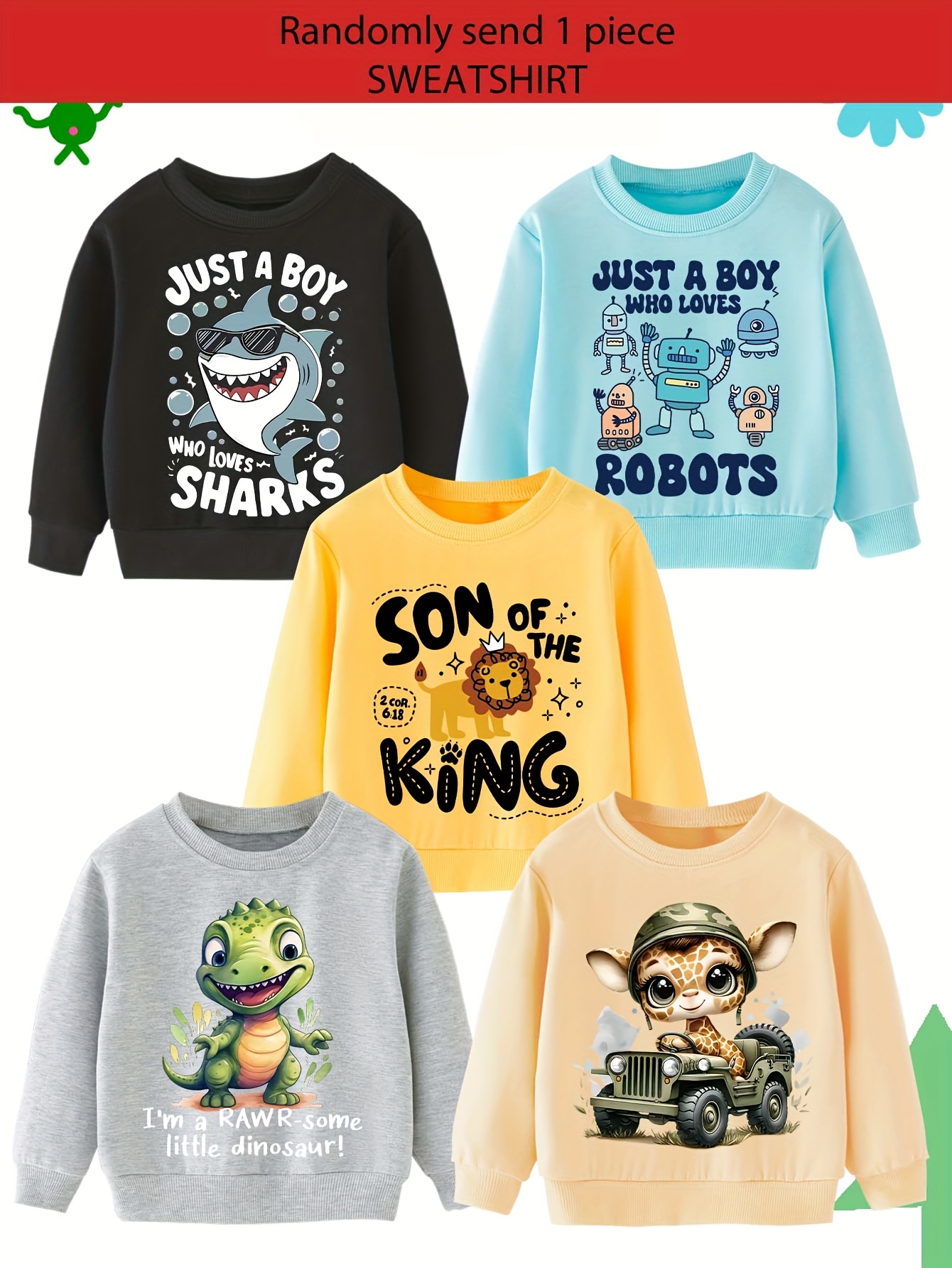 xmq120020 boys fun and versatile cartoon print fashion casual spring autumn sweatshirt 5 colors   send 1pc