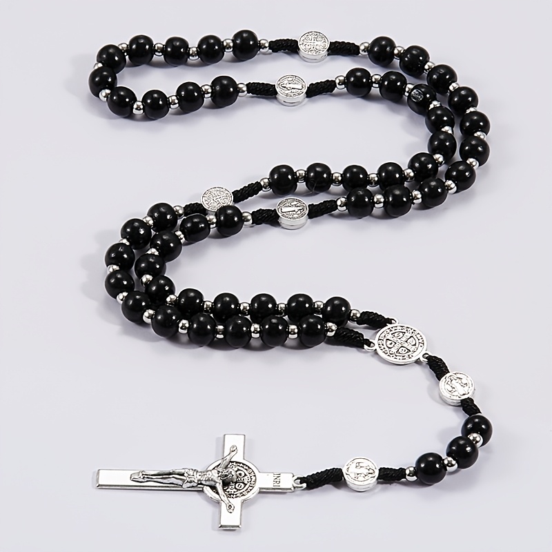 Image of 1pc Wooden Rosary Hanging Rack, 53-bead Wooden Rosary Pendant, For Car Rearview Mirror Hanging, Peace Love Pendant, Benedictine Rosary Pendant, For Baptism , Spiritual Gift, Small Religious Gift