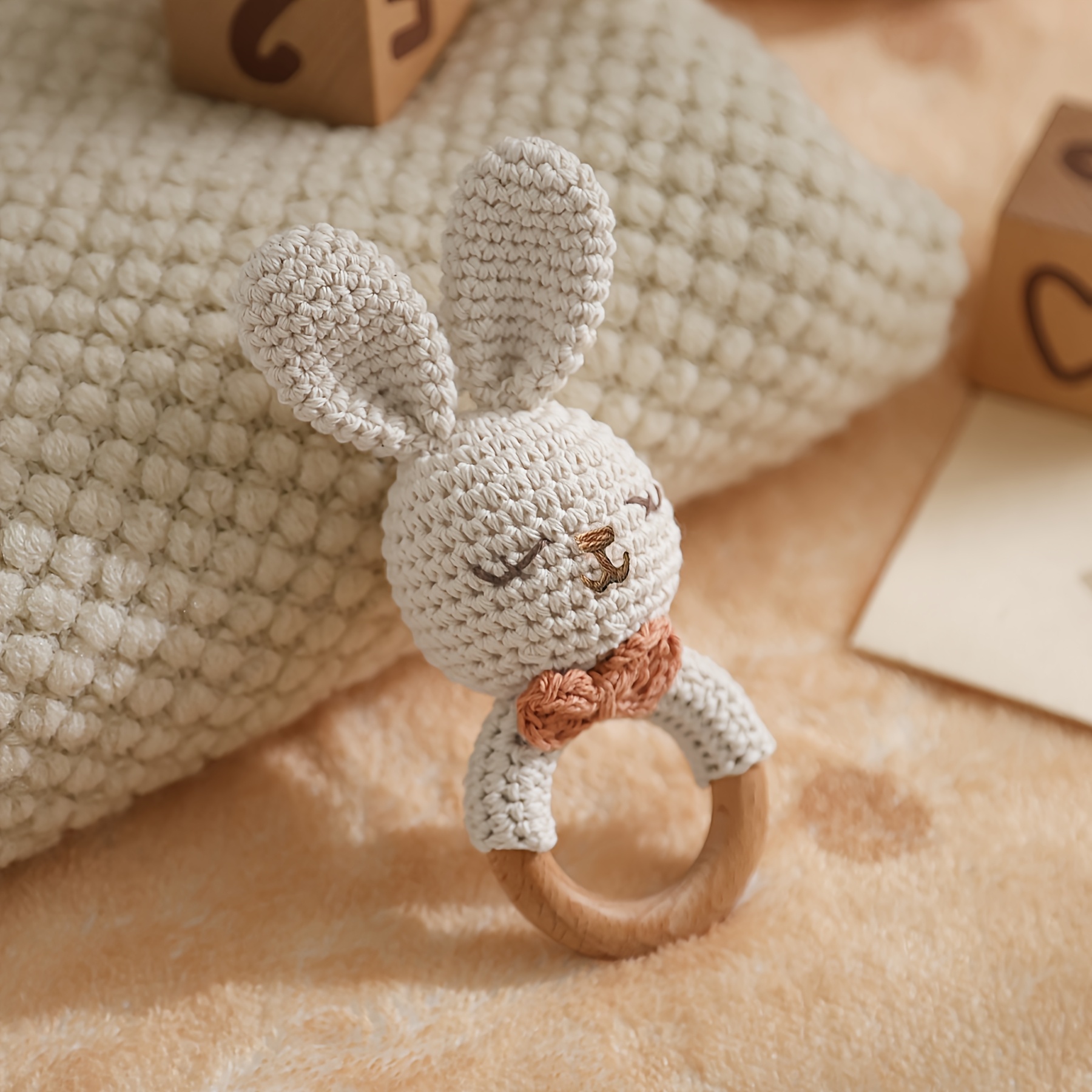 Hand-Knitted Bow Tie Bunny Rattle Toy for Infants