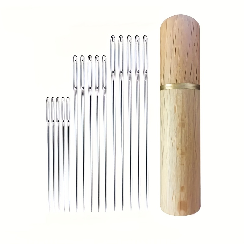 Image of 15pcs Large Eye Hand Sewing Needles For Senior - Sewing Needles Large Eye, Stitch Needle, Leather Needles For Hand Sewing, Large Eye Sharp Needles With Wood Needle Case, Embroidery Needle Storage