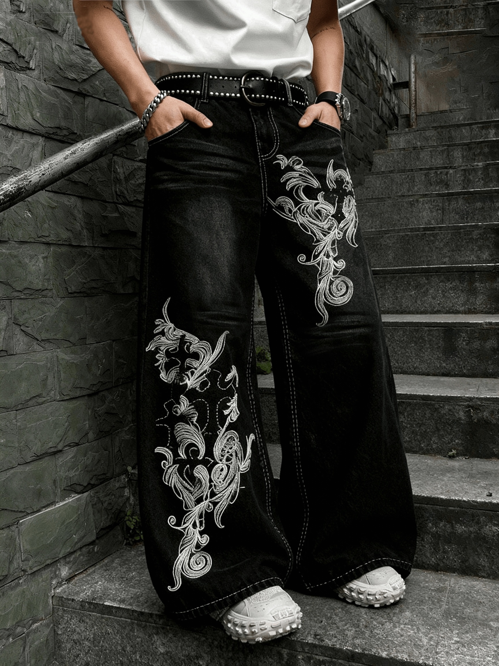 mens distressed washed black oversized wide leg pants white - Temu