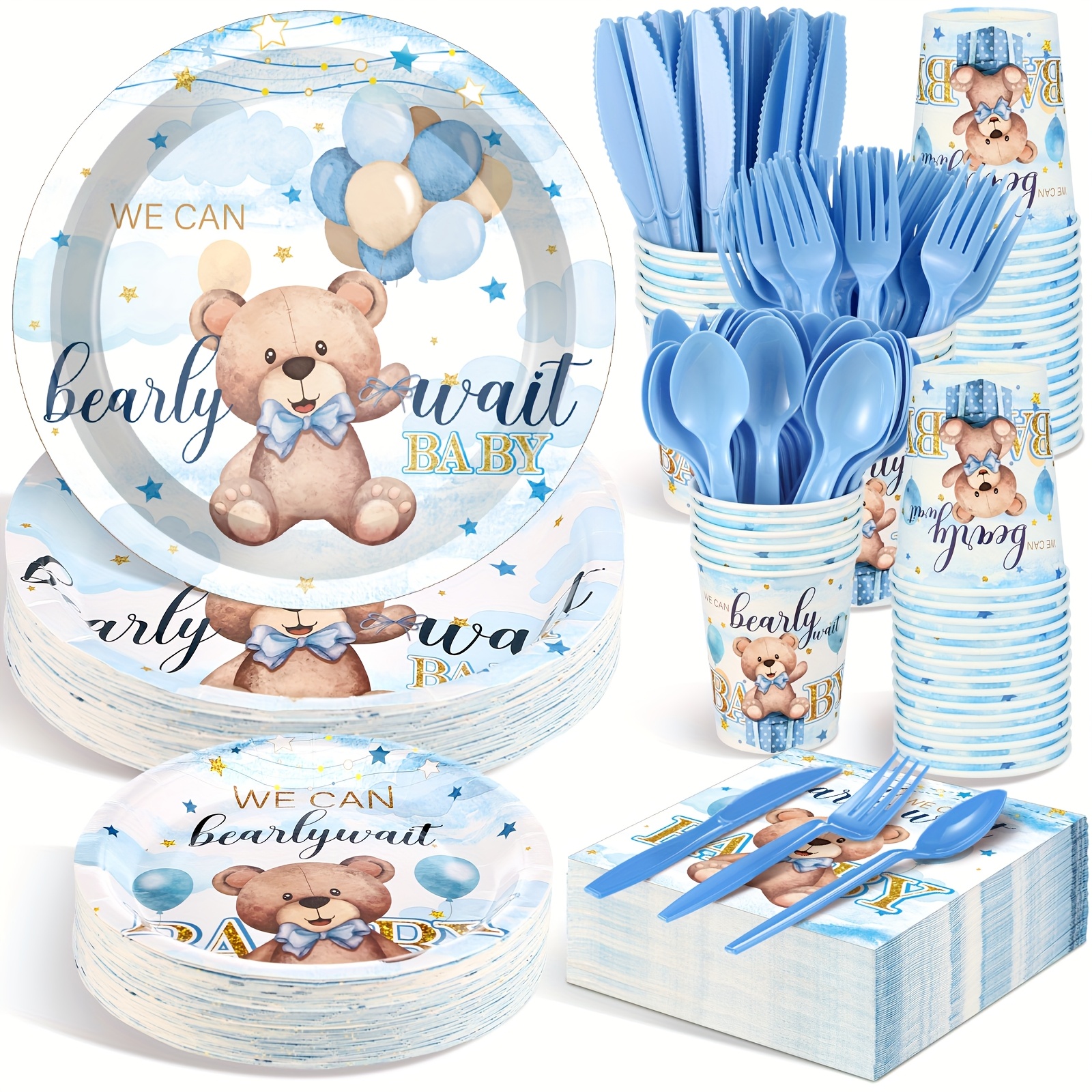 350pcs baby shower   set elegant teddy bear wait baby plates forks knives spoons pastel blue golden birthday or   disposable dinnerware for 50 guests   shower decorations table settings event