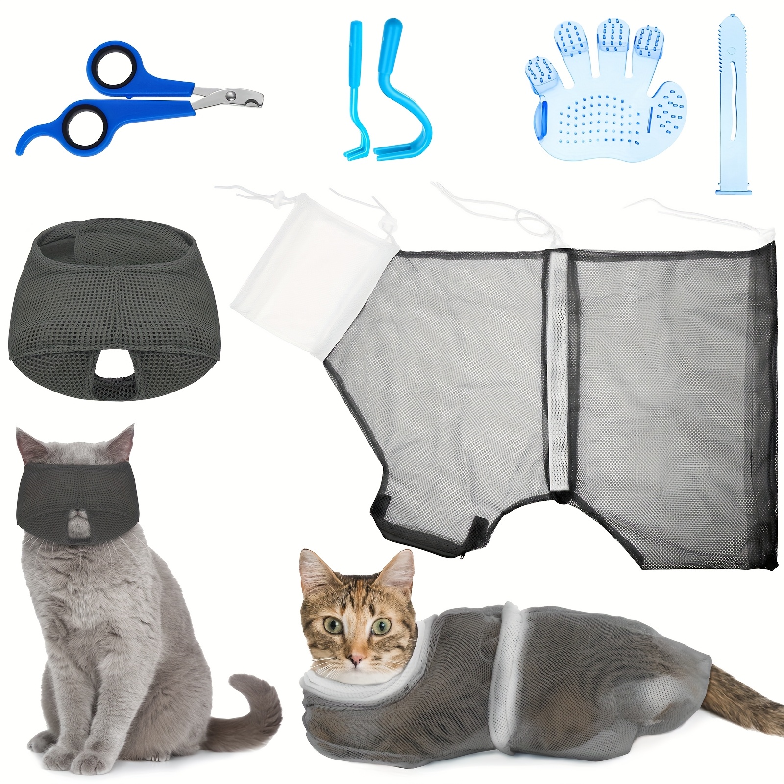 TEMU 5pcs Set Of Cat Bathing Bags, Including An Adjustable Grooming Bag, Pet Shower Net, Muzzles, Nail Clippers, Tick Removal Tool, And A Massage Brush In Grey And White, Without Battery