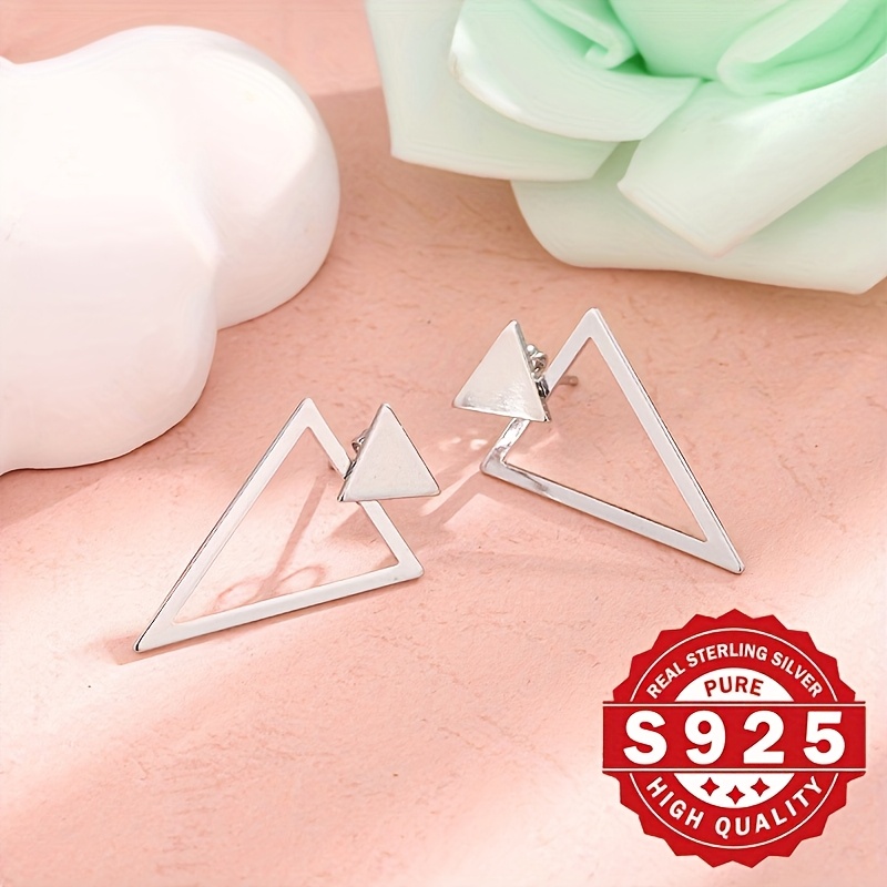 Sterling Silver Triangle Stud Earrings with Geometric Pattern