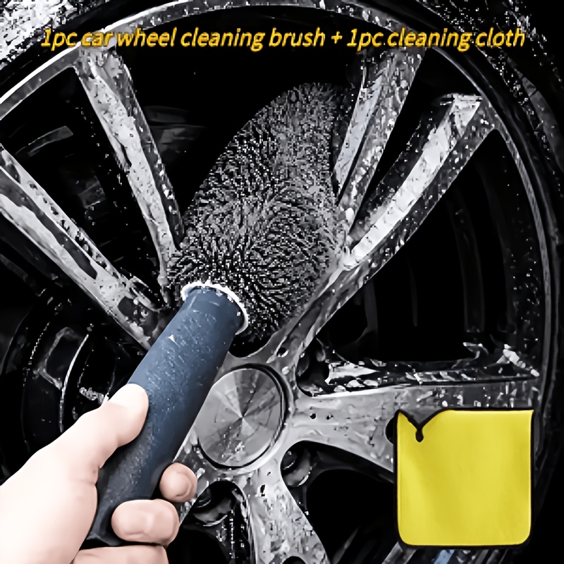 TEMU 1pc Car Wheel Cleaning Brush + 1pc Cleaning Cloth, Soft Microfiber Scratch-free Rim And Tire Brush, Flexible Deep Tool, Multi-functional Wheel