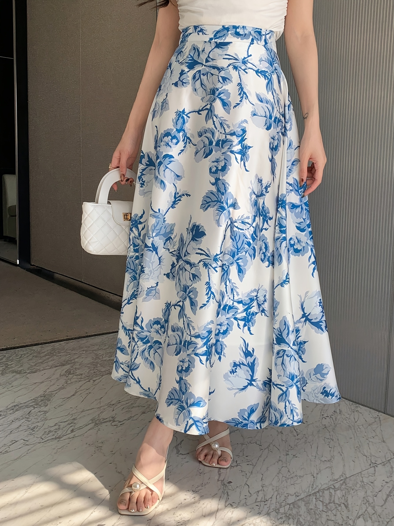 women's a line flared skirt blue white floral print machine Temu