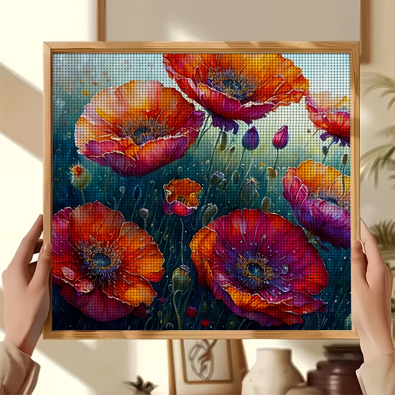 Cross Stitch Printed Kit, Frameless, Red Blooming Flowers Oil Painting Pattern