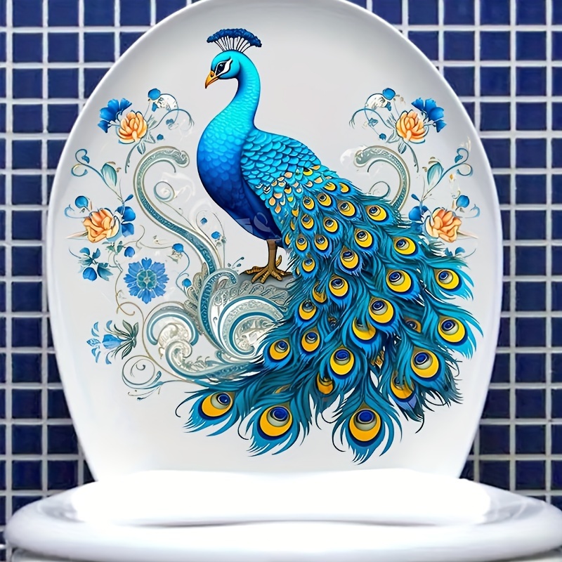 1pc Peacock Toilet Lid Cover Sticker, Self-adhesive Animal Print Bathroom Decor, Matte End, Single Use