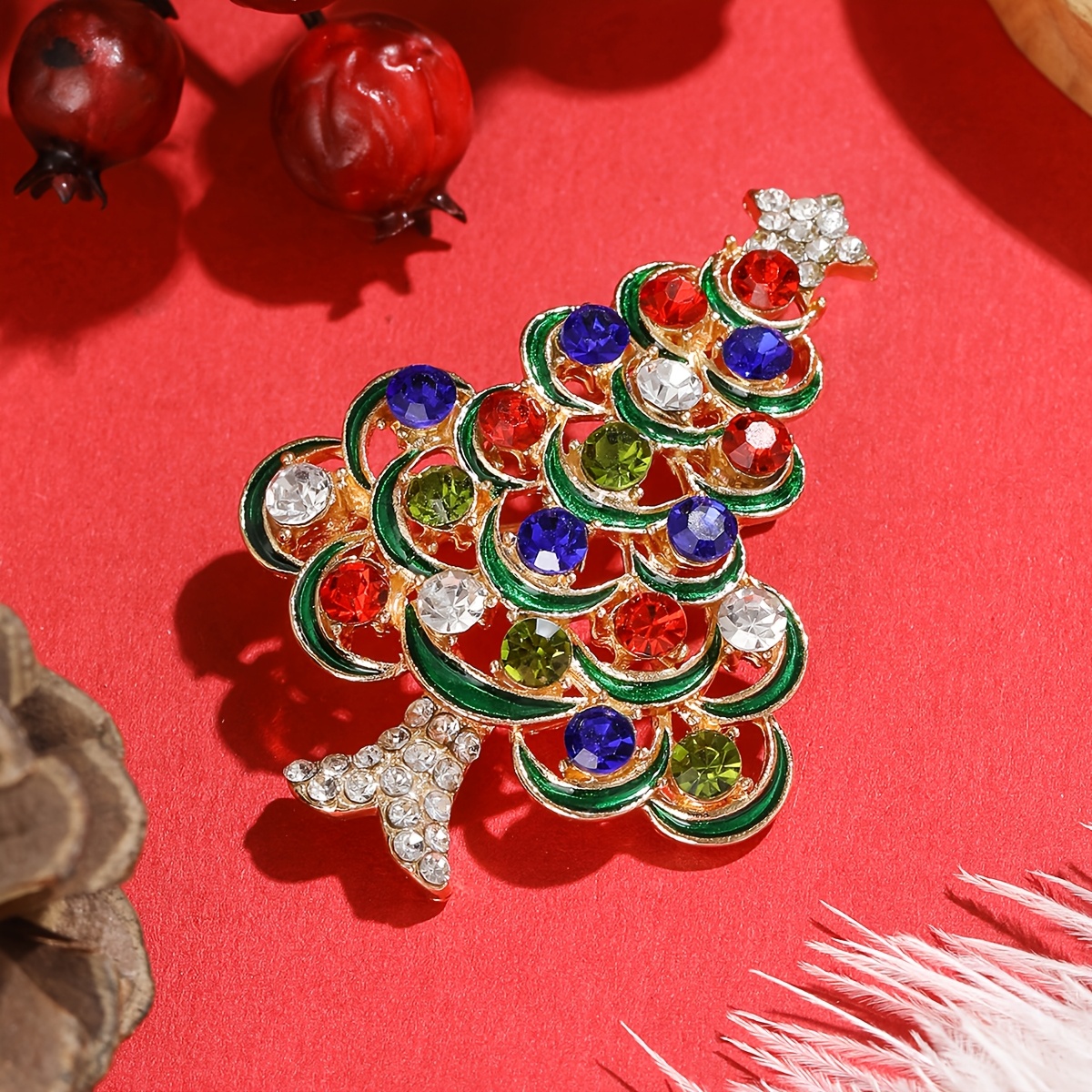 TEMU Broche sapin de Noël de luxe léger entièrement sertie, épingle en émail goutte d'huile rouge et verte, accessoire décoratif pour sac à main de