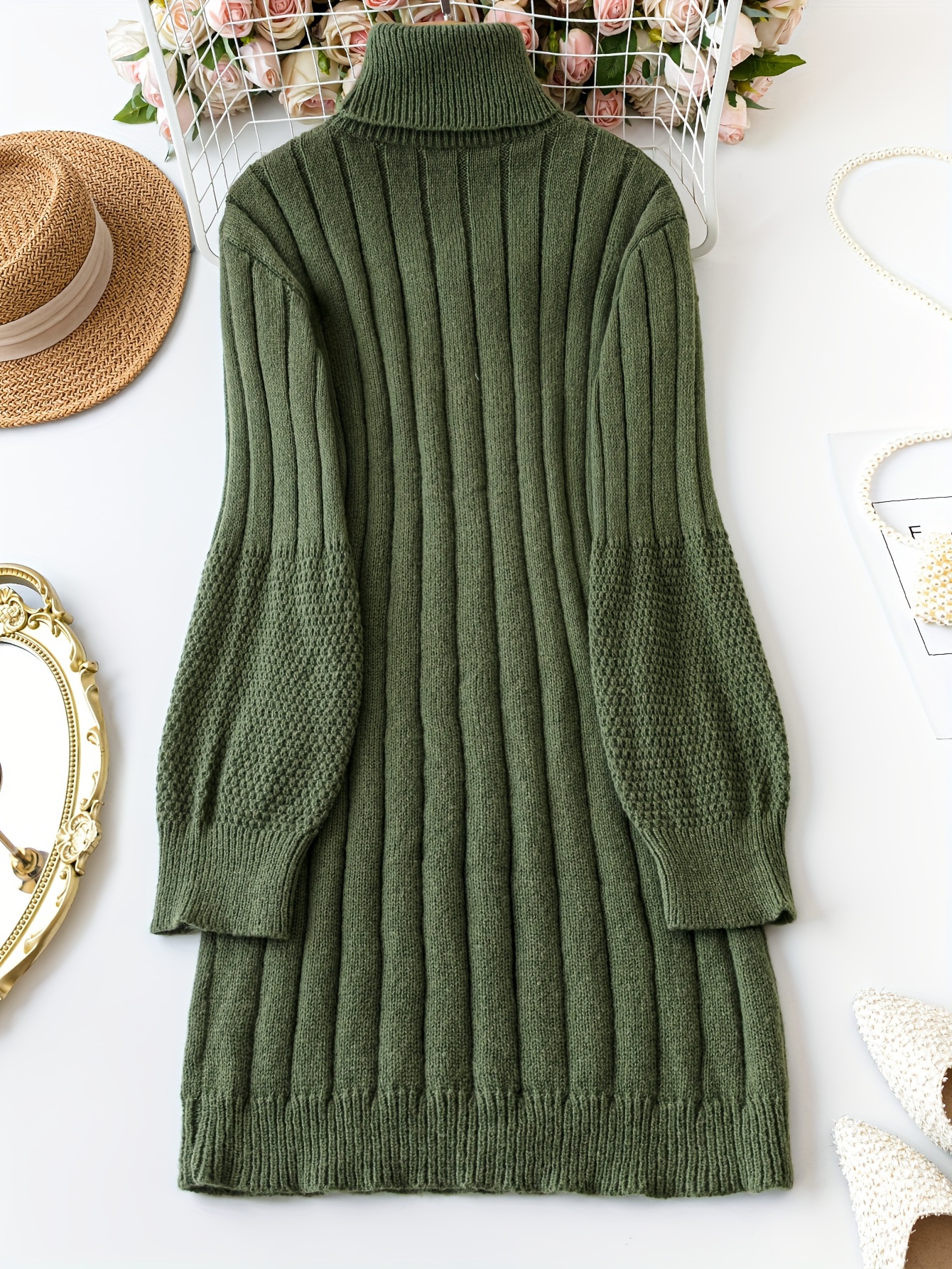 Turtleneck Ribbed Sweater Dress Casual Solid Long Sleeve - Temu
