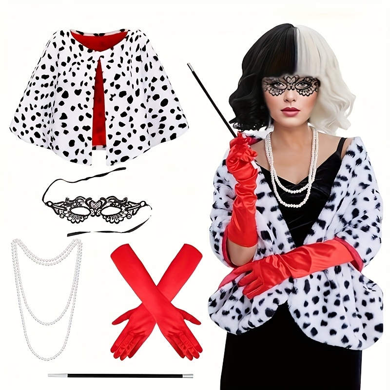 7pcs Women's Halloween Costume Set, Black And White Spotted Shawl, 1920s Red Gloves, Black And White Wig, Eye Mask, Necklace, Suitable For Adults, Perfect For Dressing Up Parties