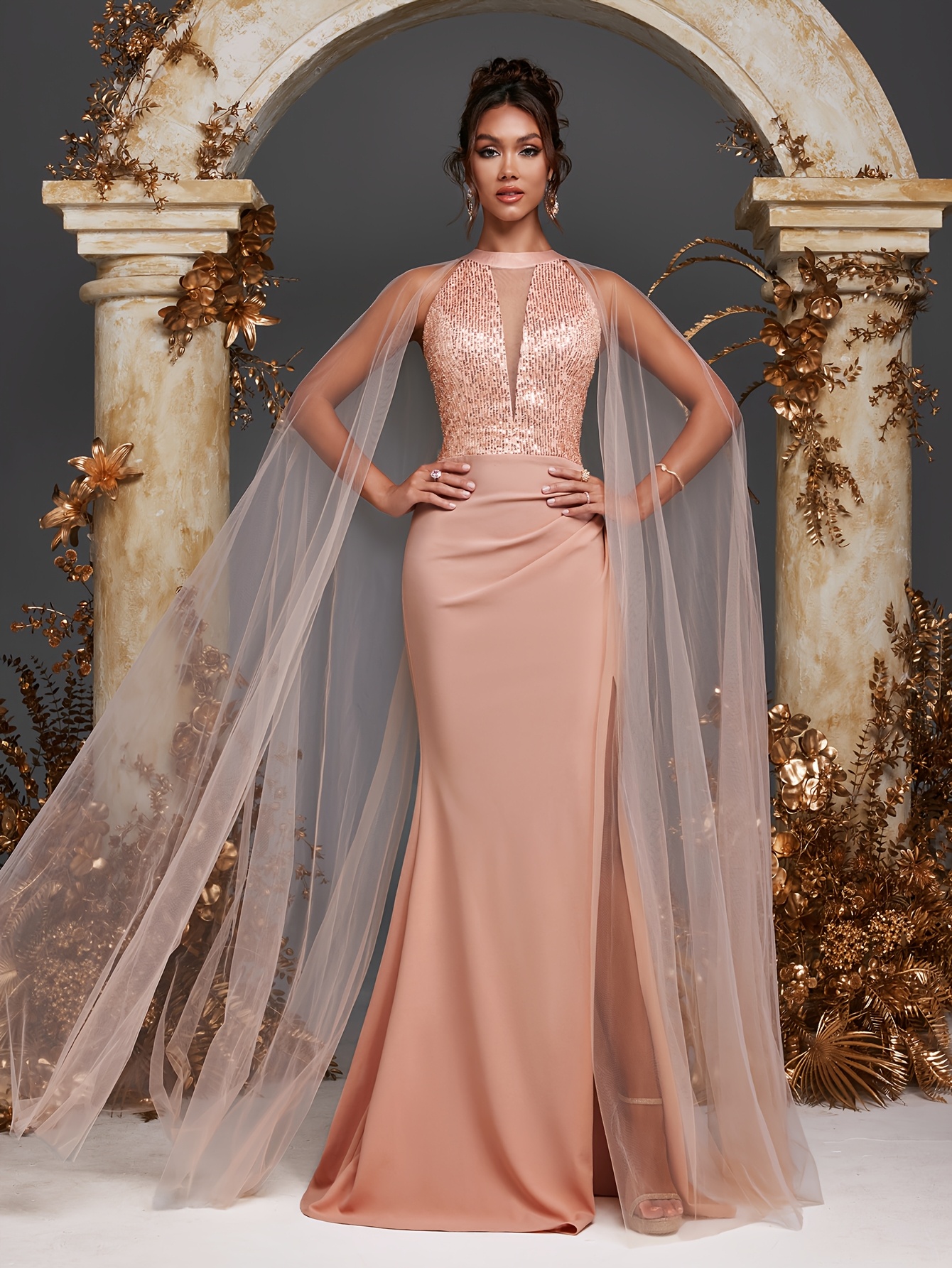 stylish gown featuring a lengthy mesh cape a halter neck - Temu Mauritius