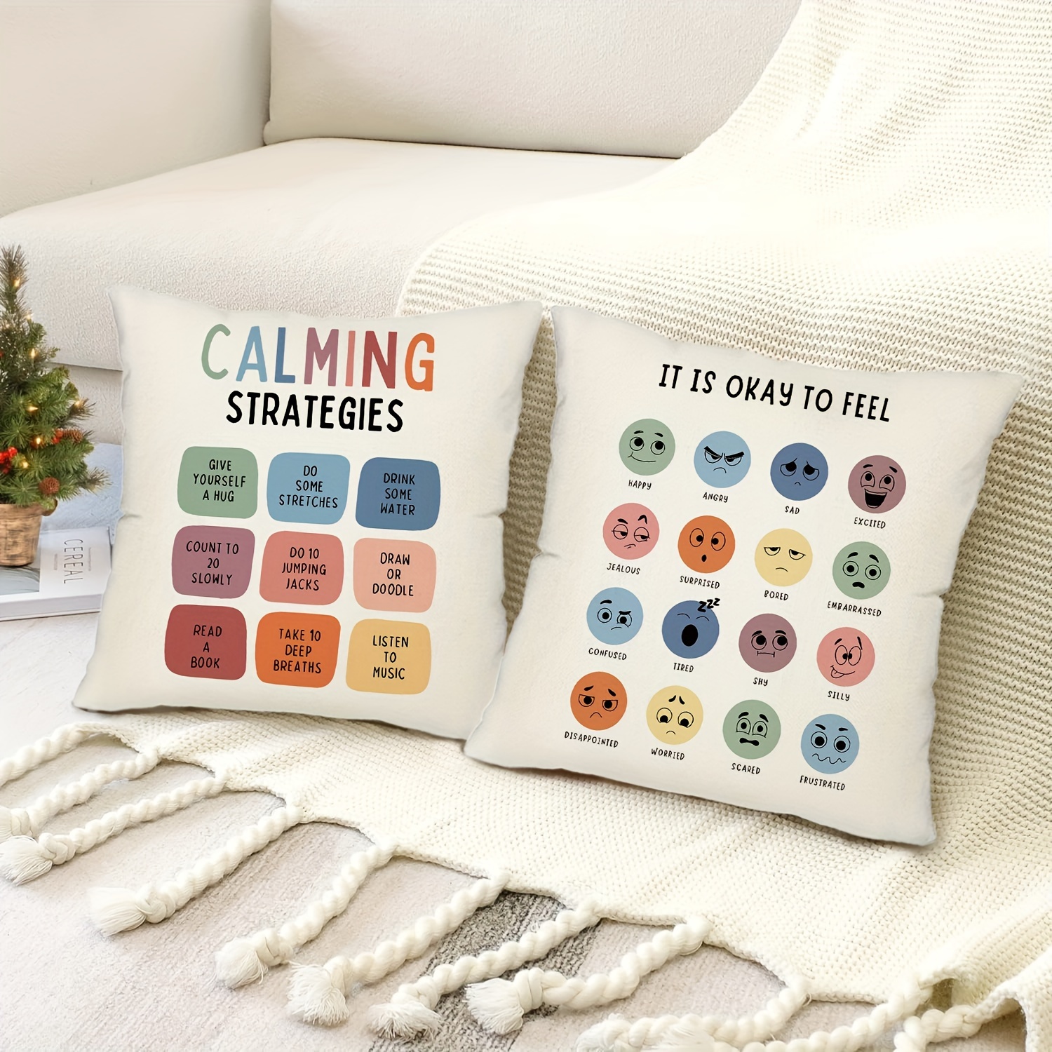 

2-piece Set 'it's Okay To Feel' Calming Quote Throw Pillow Covers, 18x18 Inch - Soft Polyester, Hand Washable, Perfect For Couch, Sofa, Patio & Office Decor