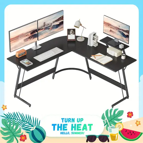 study 120 x 120 cm sturdy desk l shape for office pc corner table computer desk with monitor stand and drawers space saving easy to assemble corner table black