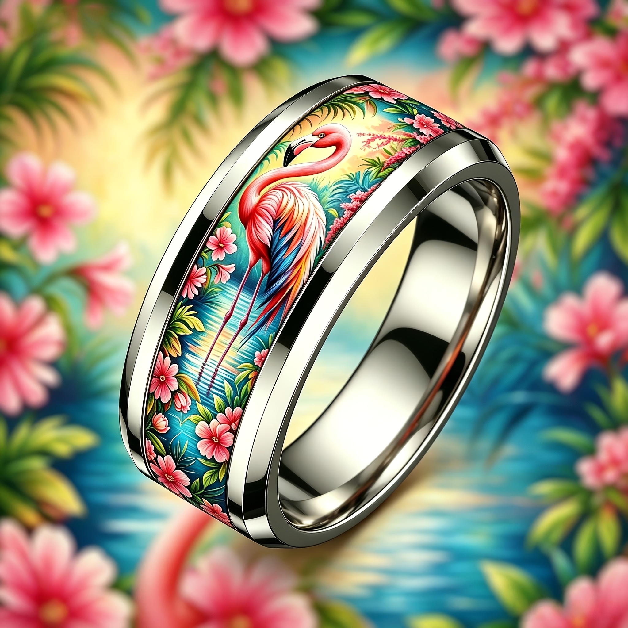Women's Summer Tropical Flamingo Painted Stainless Steel Ring