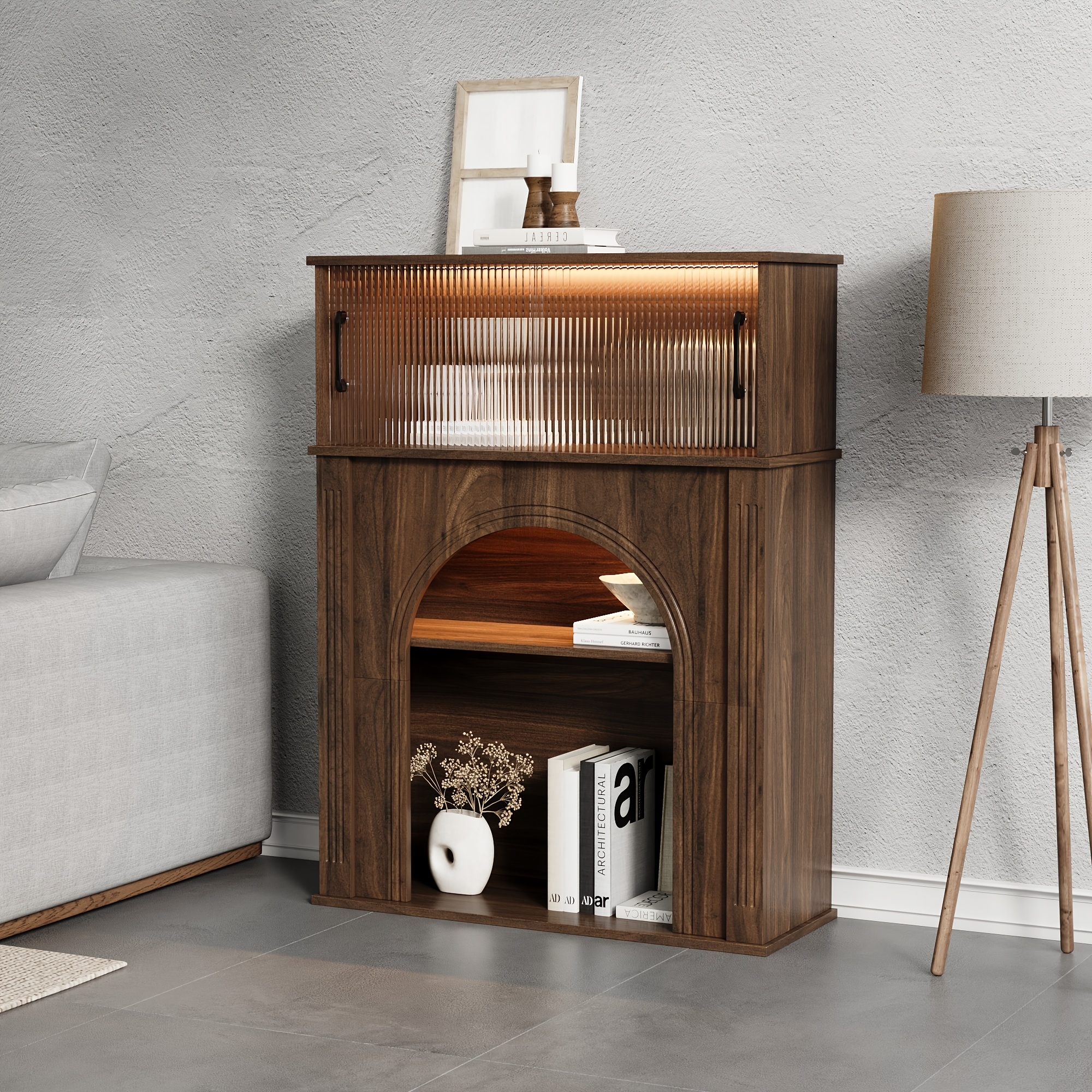 Contemporary Storage Unit Featuring Two Shelves And One Compartment, a Display Cabinet with a Glass Door, a Bookshelf with Sleek Handles, Suitable for The Living Room, Office, And Entryway, Stylishly Designed in Brown