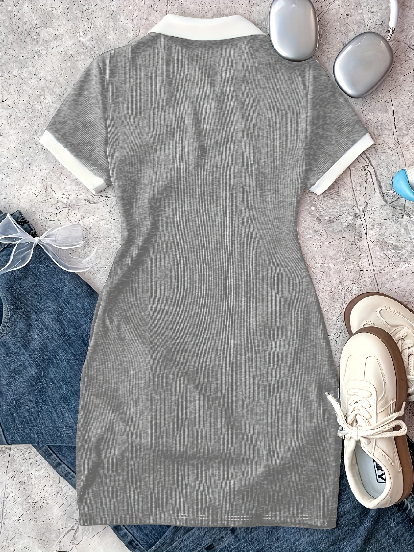 Women's Y2K Collar Bow & colorblock Dress with Collar - Short/medium/ Length Suitable for Parties, Weddings, Casual Attire - Machine Washable Fitted Dress with Bow Embellishment & Color-Block Design - Women's Fashion