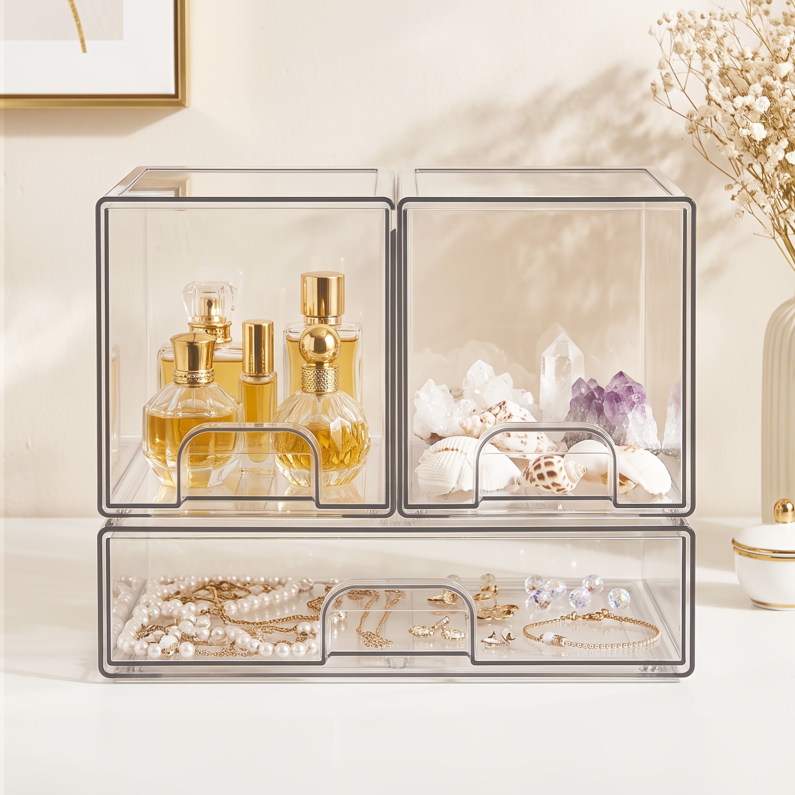 TEMU Boîte de rangement combinée flexible 3/4 pièces avec tiroirs en acrylique transparent et organisateurs coulissants -poussière, modulable pour