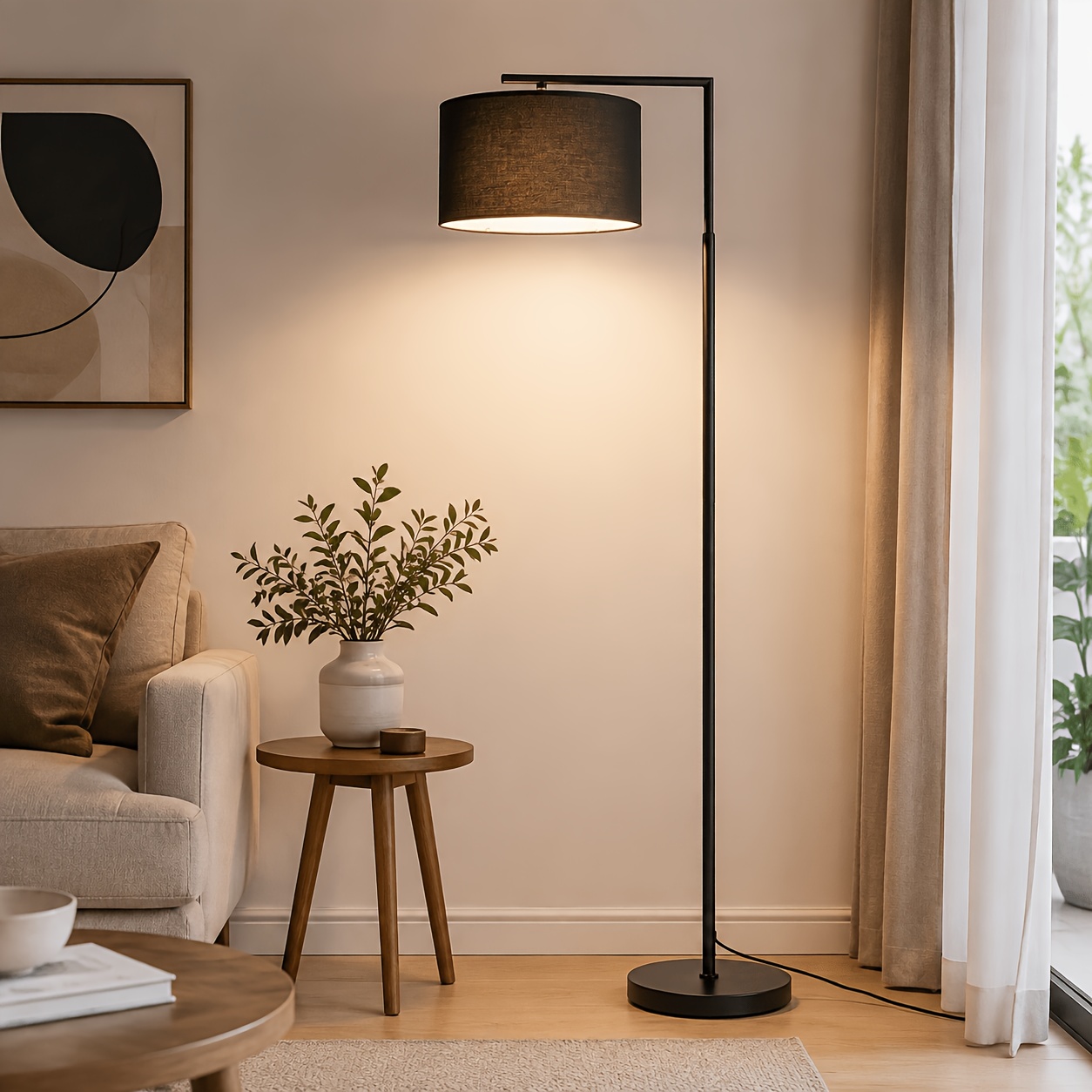 Retro 166cm Black/beige Fabric Floor Lamp | E27 Interface Foot Switch Socket Model Living Room Bedroom Retro Style Fabric Lampshade Floor Lamp (excluding Bulb)