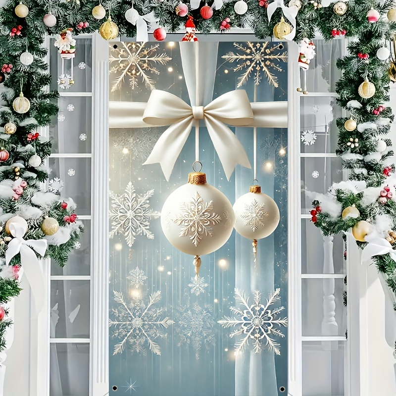 

1pc Polyester Christmas Door Banner - And Ornament Design With Bow, Hanging Decoration, For Home, Garden, Gate, Indoor, Outdoor, No Electricity Required 35.43" X 70.86" Holiday Party Decor