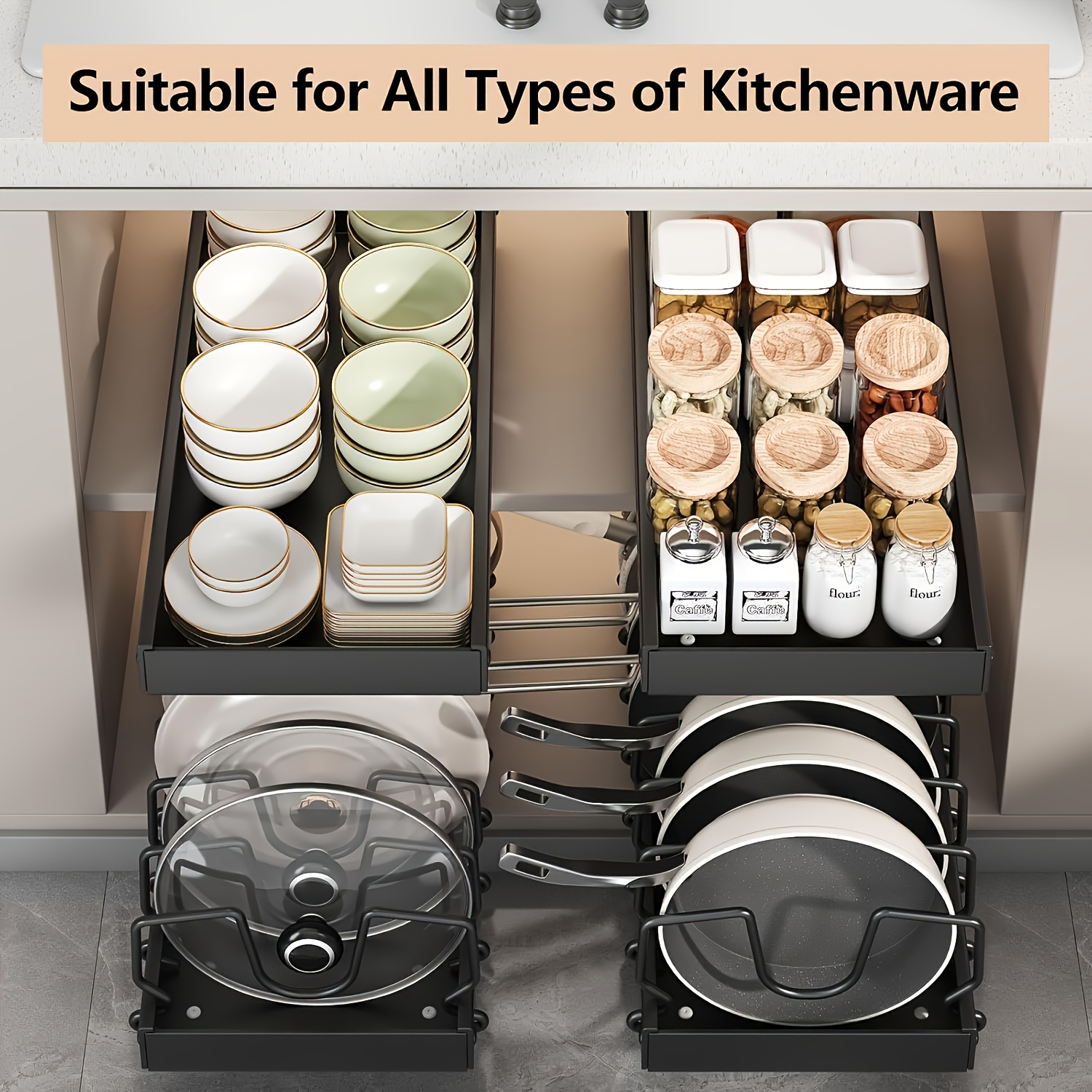 TEMU Adjustable Pull-out Kitchen Organizer For Pots, Pans & Lids - Durable Carbon Steel Cabinet Storage Rack, No , Kitchen Organizers And Storage,