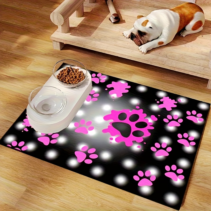 TEMU 1pc Alfombra de Alimentación para Mascotas con Diseño de Patas y Huesos de Perro - Poliéster Duradero, Diseño Colorido con Rosa y de Patas, para
