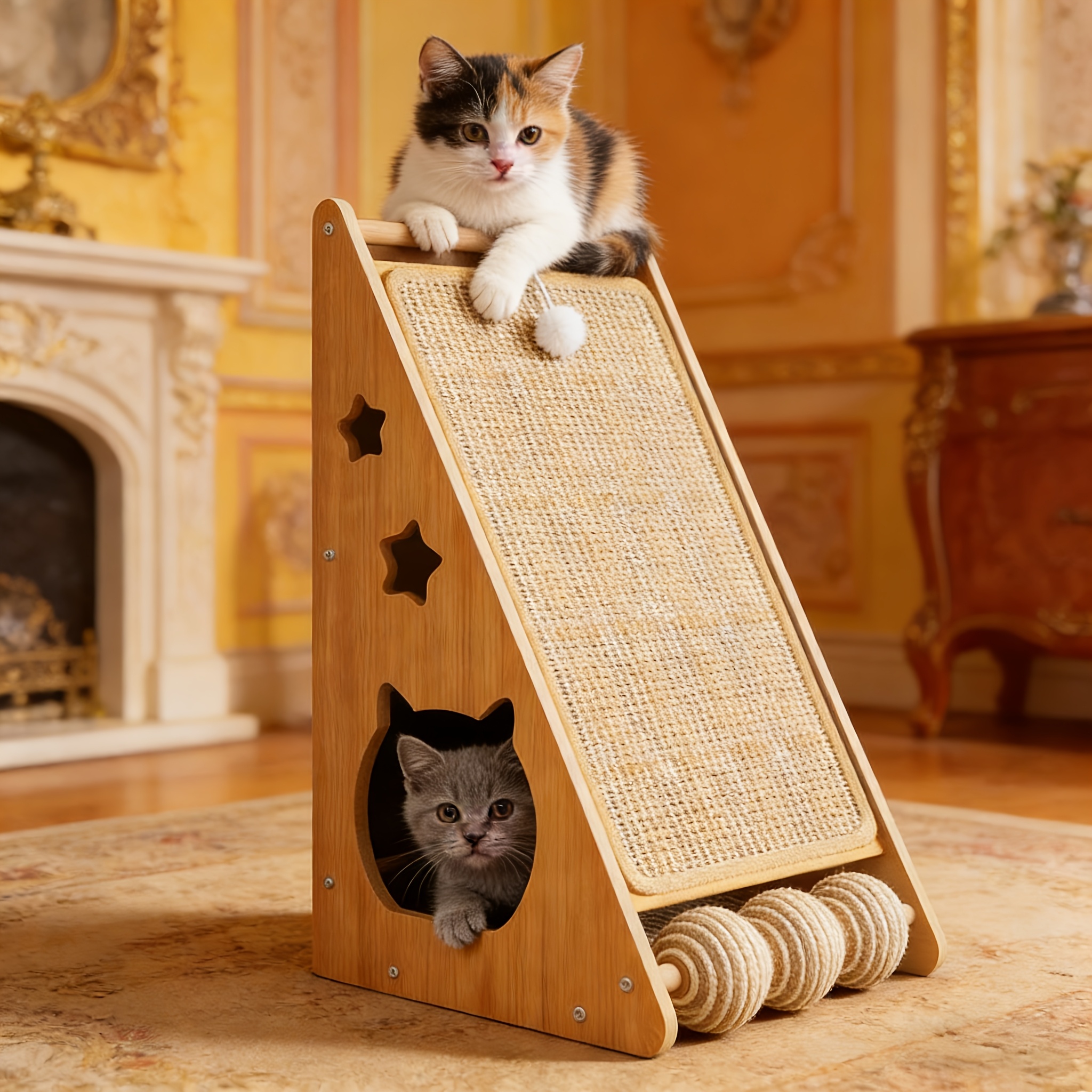 TEMU Scratching Post & Bed With Sisal Rope And Toy Ball - Multifunctional Cat Condo Suitable For Indoor Cats, With Sisal Panel, Resting Ball For
