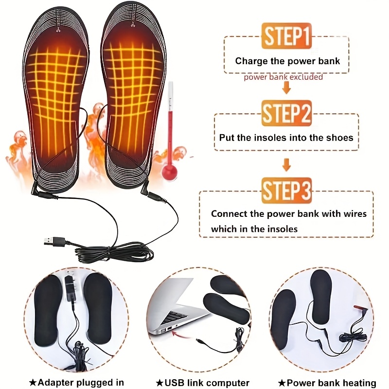 Full Footbed Electric Heating Insoles with USB Charging, Adaptive Fit, Soft Comfort Fabric, Overheat Protection, Ideal for Skiing, Camping, Hunting. Includes Data Cable and White Brush for Dust Removal