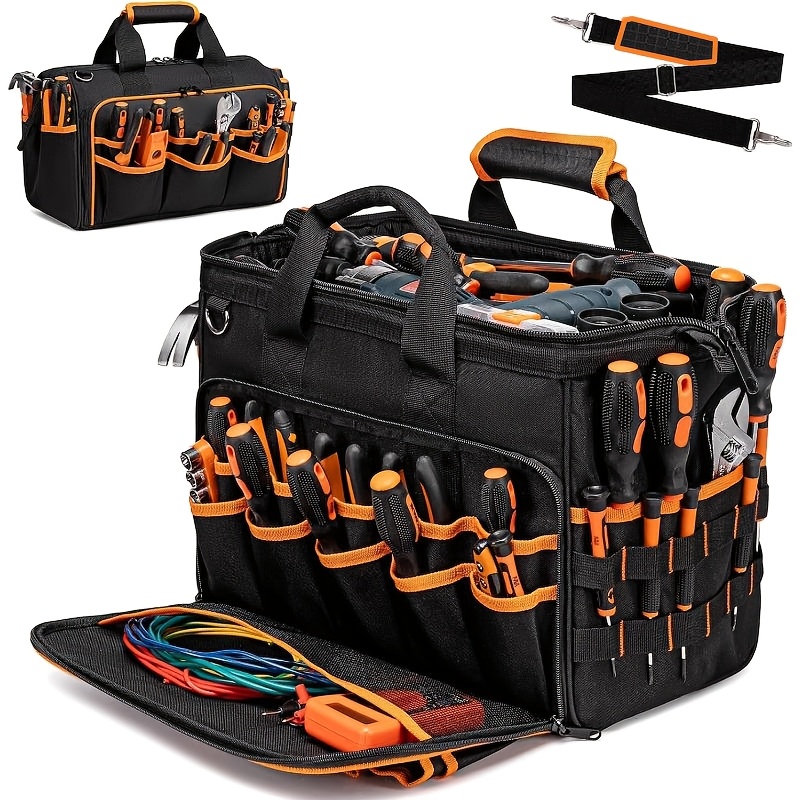 17 inch tool bags for electricians featuring 46 pockets a   and a foldable organizer for hvac tools complete with a wide opening and adjustable shoulder strap ideal for mechanics   and contractors
