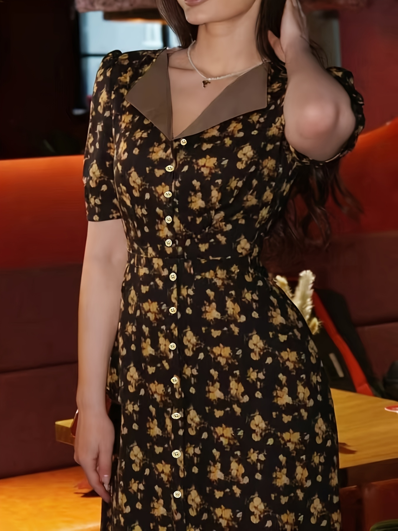 womens french vintage lapel collar dress waist cinch short - Temu