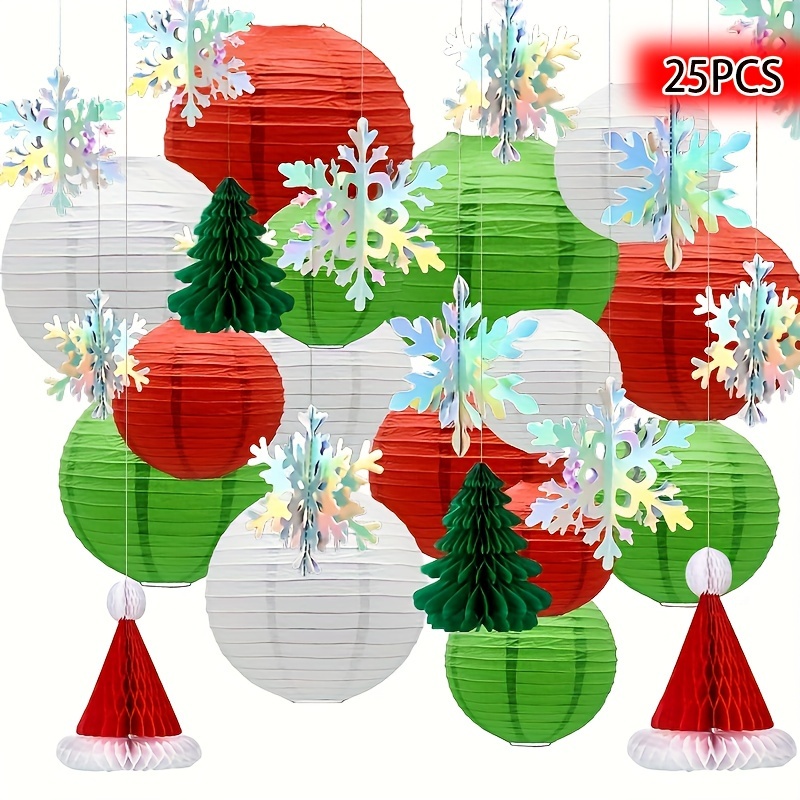 

25pcs Christmas Paper Lanterns And Decorations Set, Round Hanging Lanterns For Wedding, Bridal Shower, Celebrations, Ornaments For Christmas And Hanukkah Party Decor