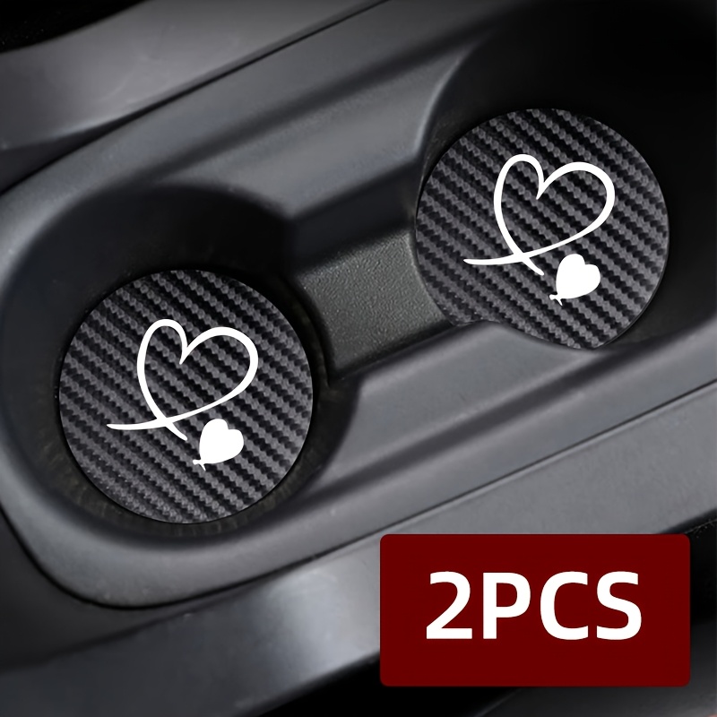 TEMU 2pcs Car Cup Holder Coaster Set, Heart Pattern Round, Durable And Fashionable Carbon Fiber Design, Non-slip Drink Mat, Vehicle Interior
