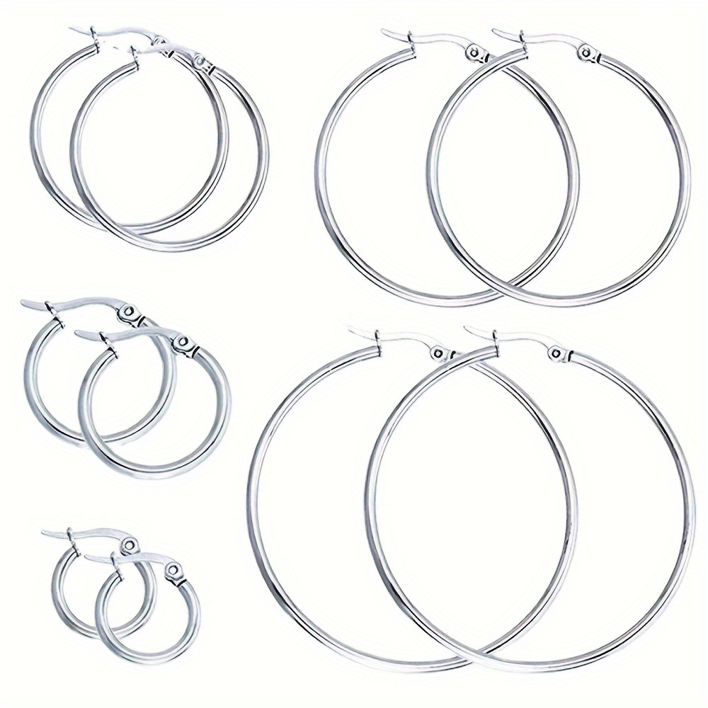 

5 Pairs/set Classic Stainless Steel Earrings, Fashion Exaggerated Big Hoop Earrings, Round Ear