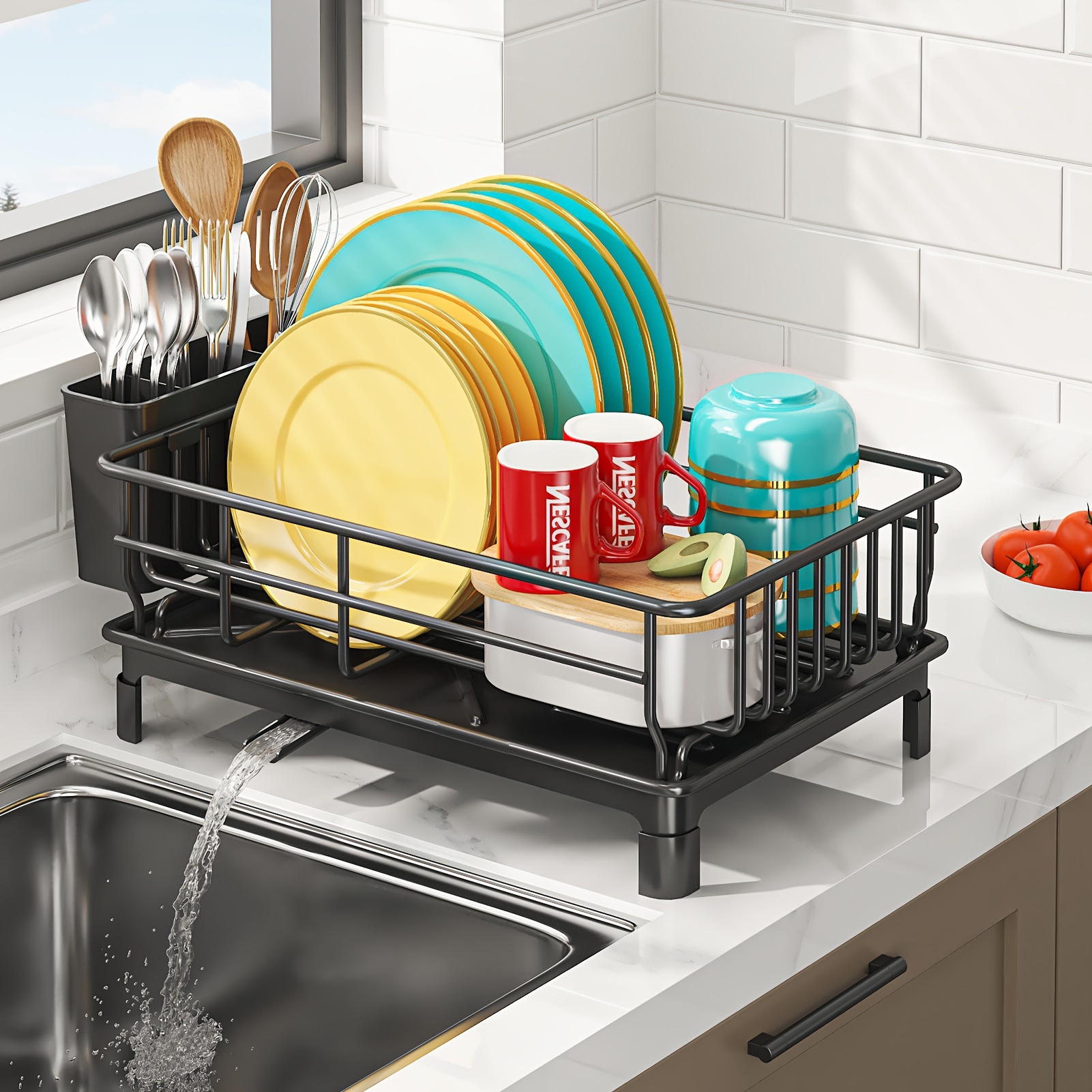 

Dish Drying Rack With Drainboard Dish Drainers For Kitchen Counter Sink Adjustable Spout, In Sink Dish Strainers With Utensil Holder And Knife Slots, Black