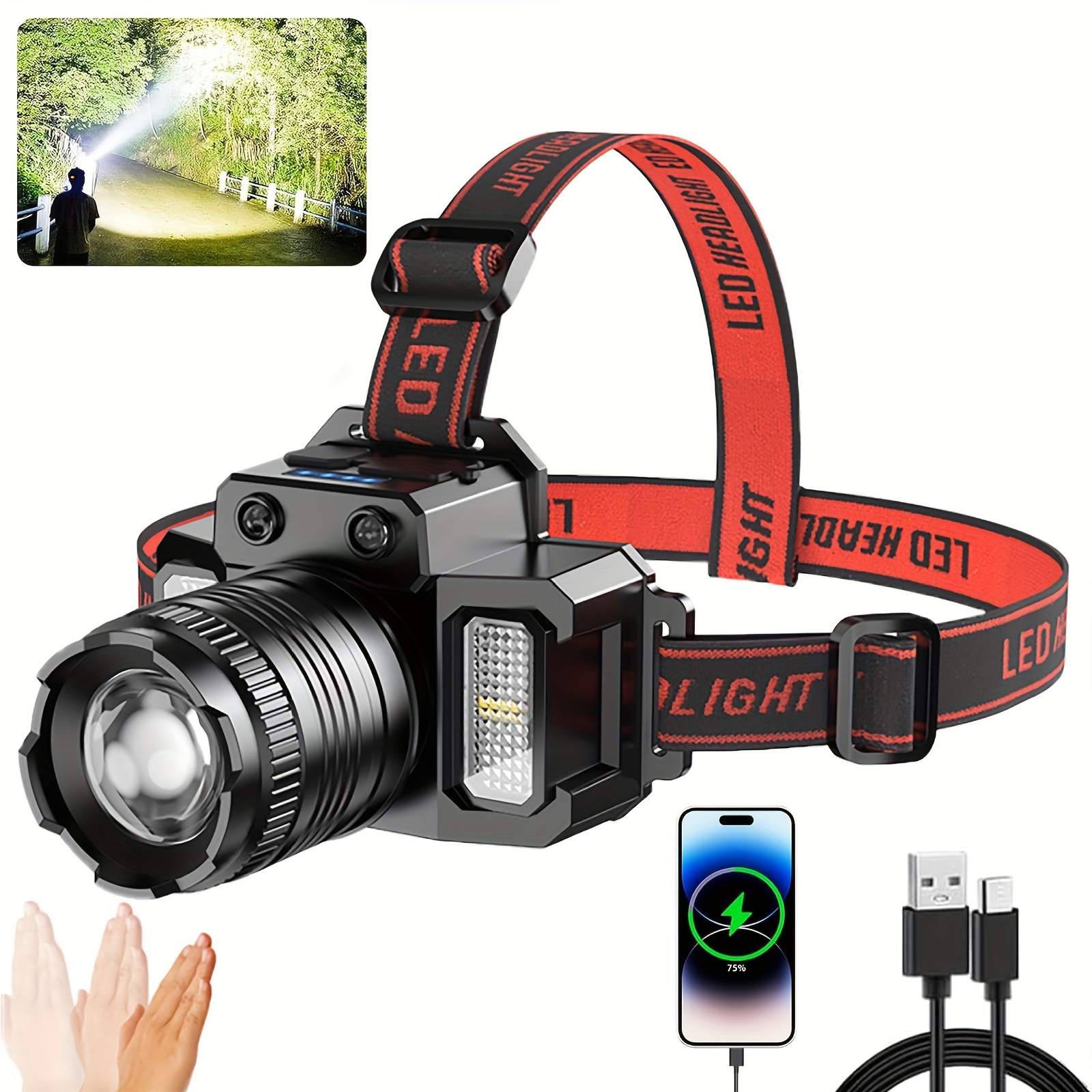 

Headlamp Rechargeable, Super Bright Head Lamp With Motion Sensor, 5 Lighting Modes Zoomable Head Lights For Forehead, 360° Adjustable Led Headlamp For Outdoor Hunting Camping Fishing Hiking