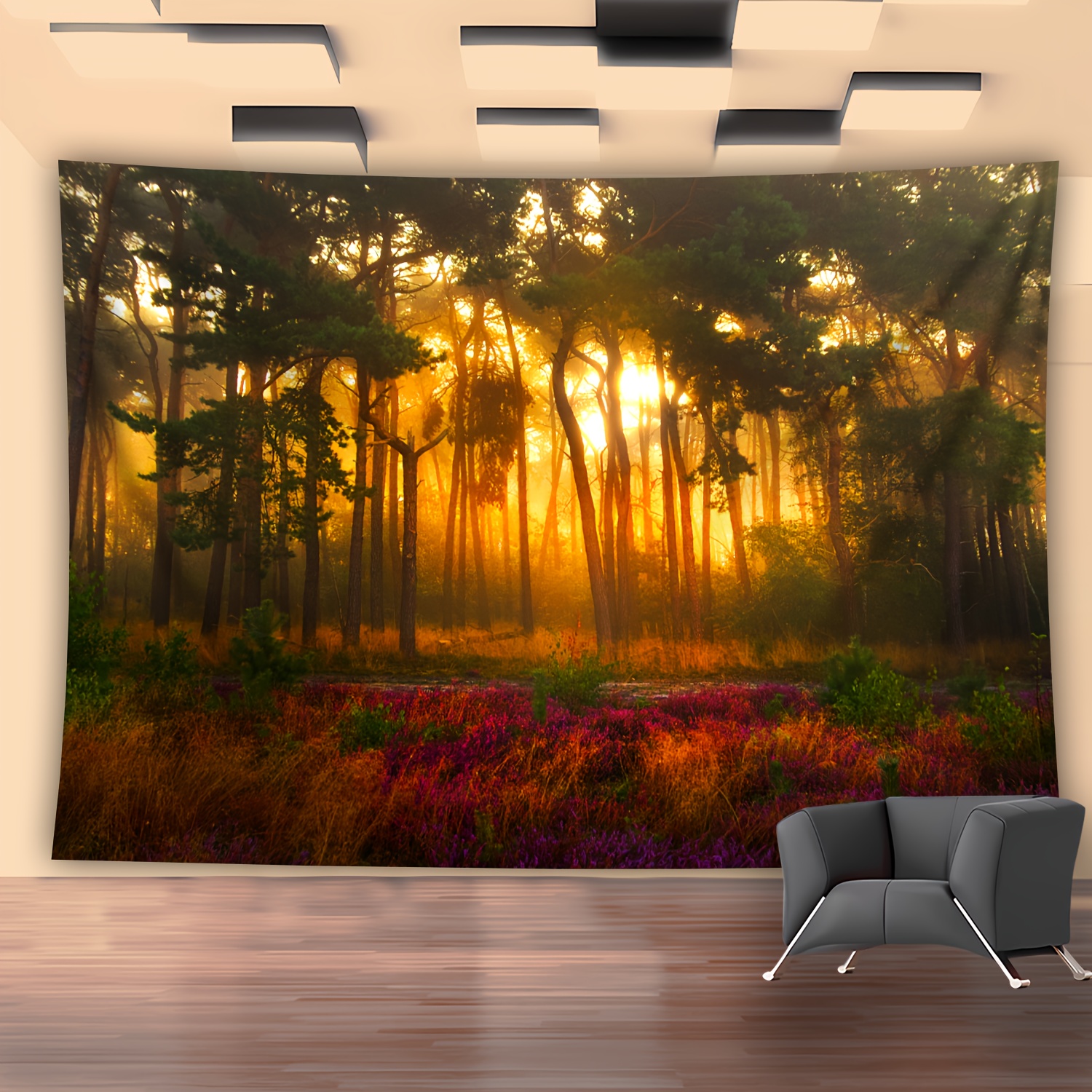 Mysterious Sunset Forest Landscape Tapestry Large Wall Hanging_voghion.com