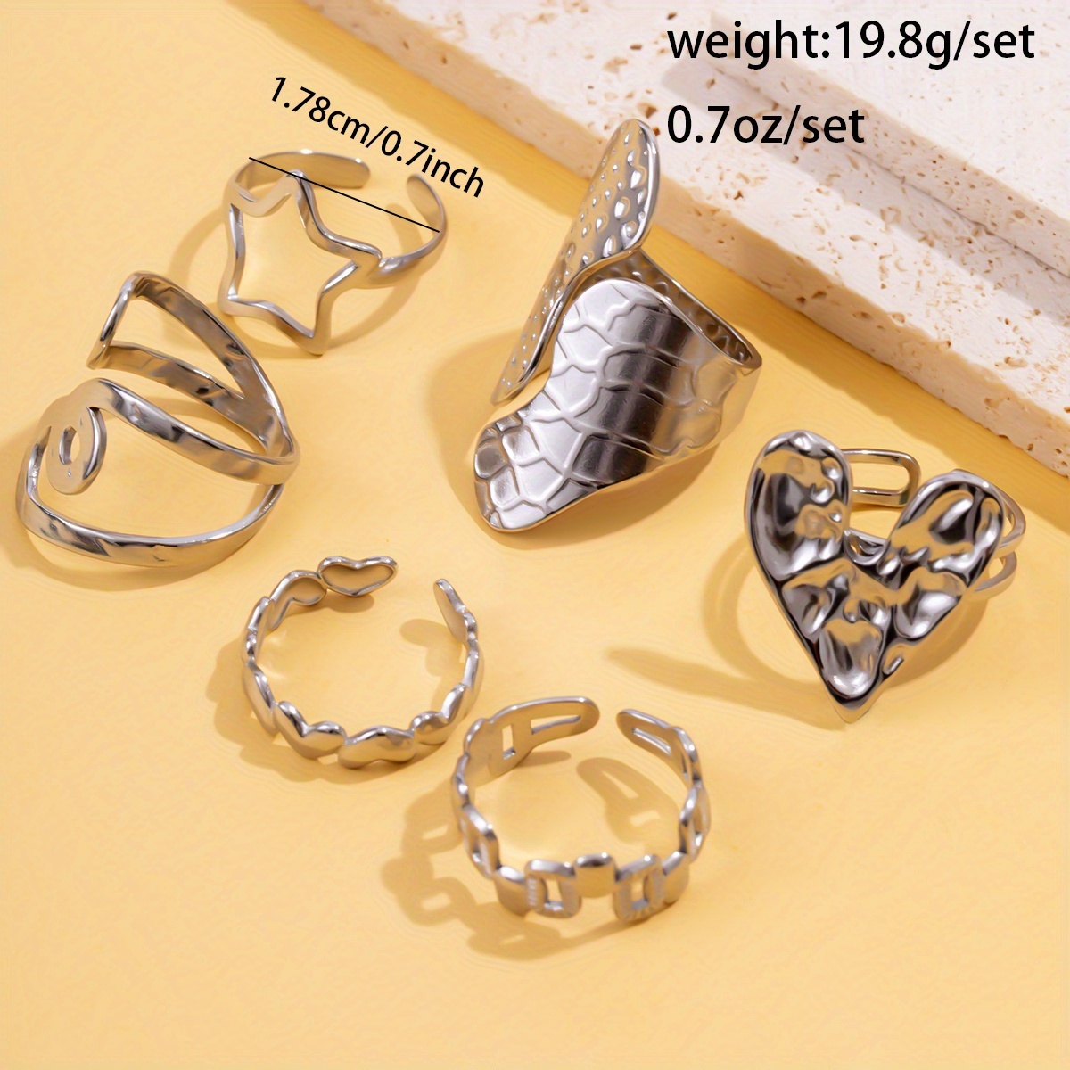 6pcs Minimalist Hollow Geometric Heart Stackable Rings
