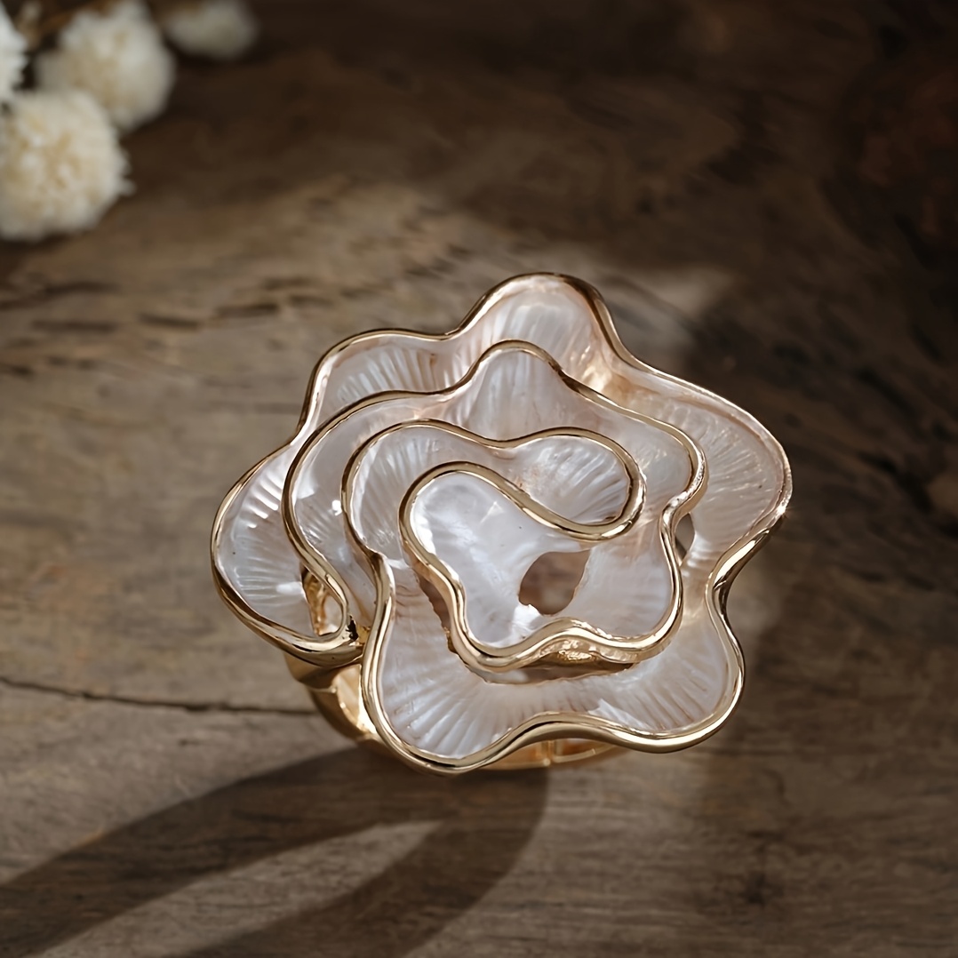TEMU Anillo de flor de esmalte chapado Coco para mujer, diseño pintada de , banda elástica ajustable con incrustación de cristal, anillos elásticos