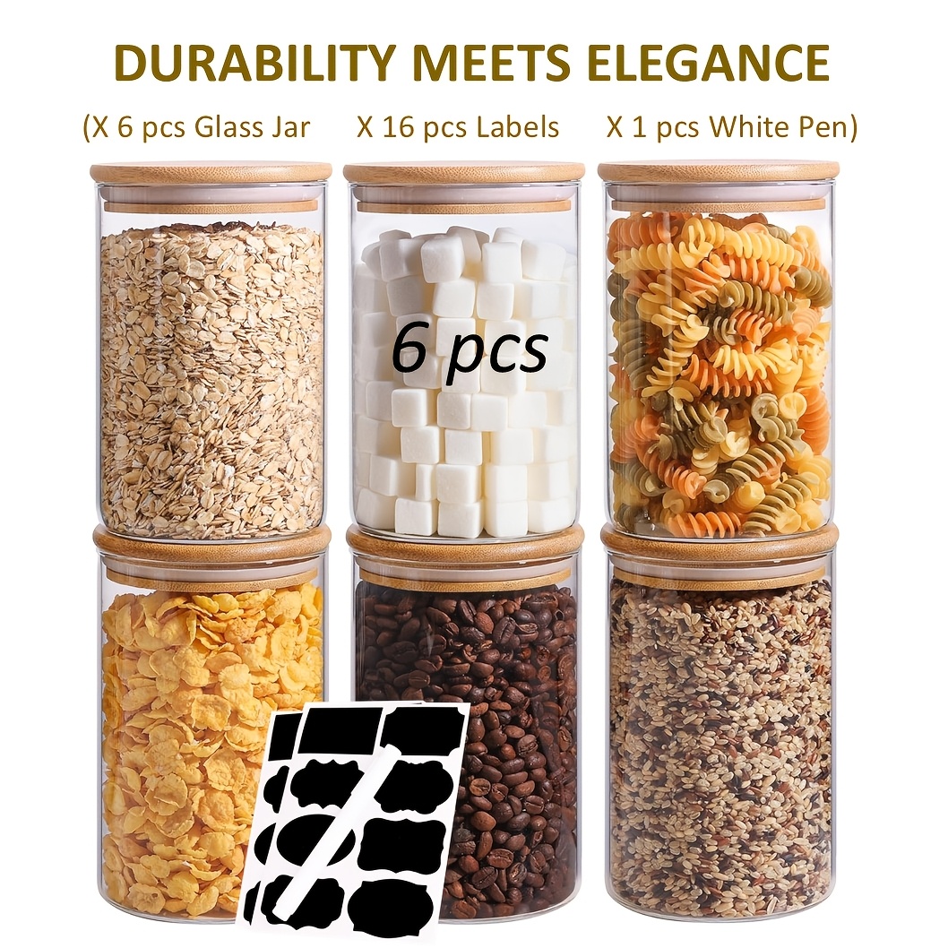 TEMU 6pcs Glass Food Storage Jars With Bamboo Lids, 950ml/32oz Each, Includes 16pcs Labels And White Marker, Airtight Pantry Canisters For Pasta,