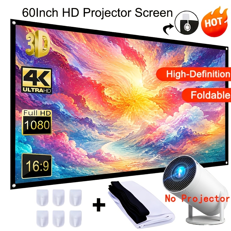Image of 60-inch Ultra Hd Home Theater Projection Screen, 16:9 Designed Specifically For Projectors, Free Hooks, Suitable For Outdoor And Home Use, Cinema Viewing And Presentation Displays (no Projector)
