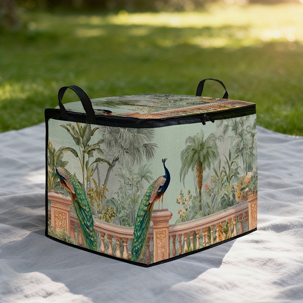 TEMU 1 pz Cesto portaoggetti 2D piatto motivo di piante e pavoni, con cerniera e a , cesto per con | Elegante per camera da letto o lavanderia,